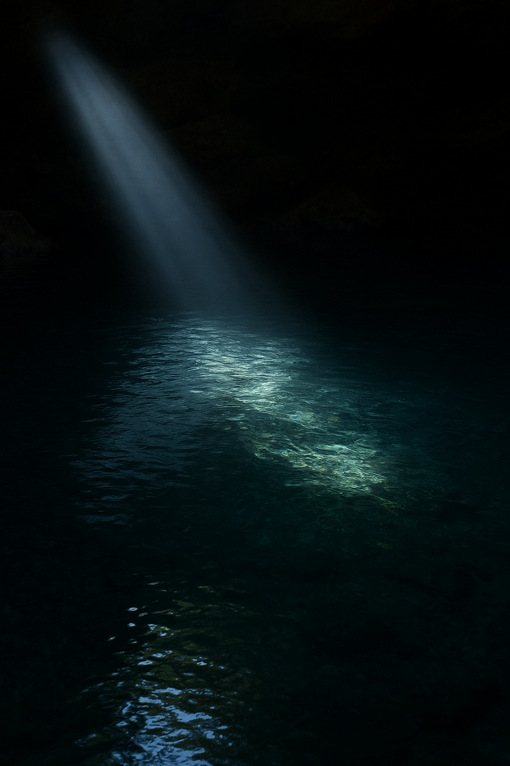 Light hitting the surface of a deep, still pool